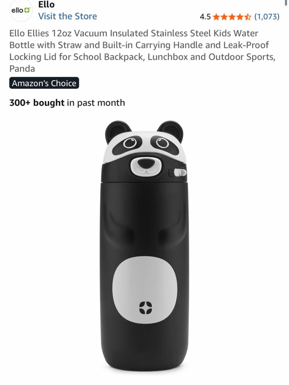 Ello Kids Panda Insulated Water Bottle - Black